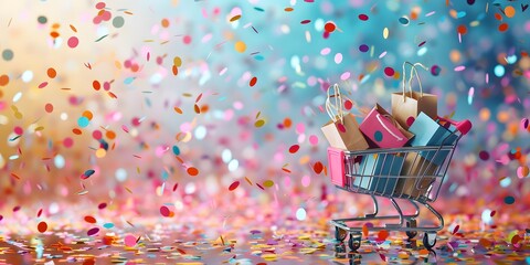 shopping cart with lots of shopping bags and confetti - obrazy, fototapety, plakaty