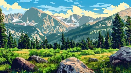 Beautiful scenic view of Rocky Mountain National Park, Colorado in the United states of America. Colorful comic style painting illustration.