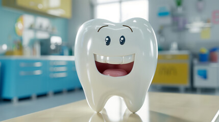 "Cheerful Tooth Character in Clinic"
A whimsical, shiny tooth character beams with joy, adding a playful touch to a dental clinic setting, ideal for children's dentistry.