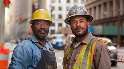 two men in construction gear standing in a city with buildings in the background
