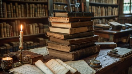 A stack of old books on a table in a study. The books are surrounded by inkwells, quills, and other writing implements. A candle is burning on the table, providing the only light.