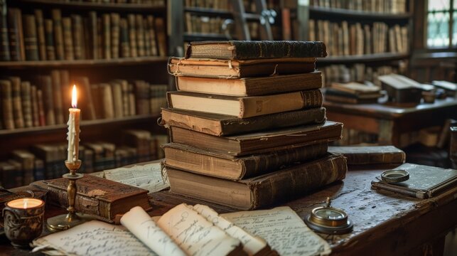 A stack of old books on a table in a study. The books are surrounded by inkwells, quills, and other writing implements. A candle is burning on the table, providing the only light.