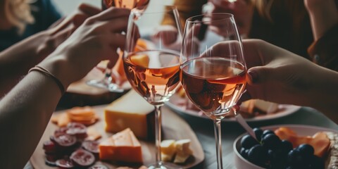 Friends raising their glasses of wine in a toast at a party, celebrating friendship and good times together. - obrazy, fototapety, plakaty