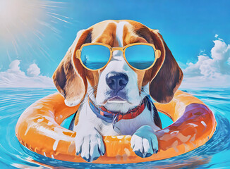 Cartoon of a dog with sunglasses bathing in the sea holding a float.