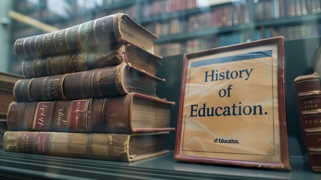 A stack of old books on a shelf in a museum. The books are behind glass and are protected from the elements. A sign next to the books says "History of Education."