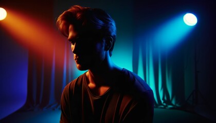 A cinematic portrait lit by vibrant, colorful gels creating a moody atmosphere.