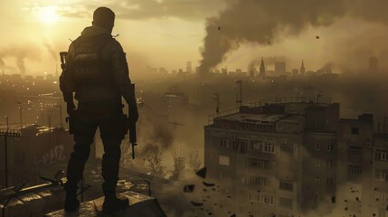 A soldier standing on a rooftop, looking out at the smoke-filled sky. He is holding a gun, and he is ready to defend his city.