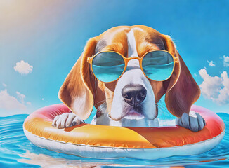 Cartoon of a dog with sunglasses bathing in the sea holding a float.