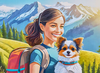 Cartoon of a young girl doing a mountain route in the company of her dog.