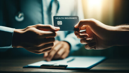 Close-up view of a health insurance card being exchanged between hands.