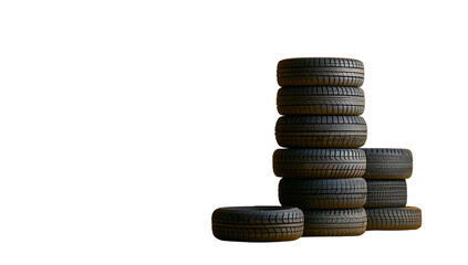 Fototapeta na wymiar A stack of tires in various sizes and colors, set against an isolated white background