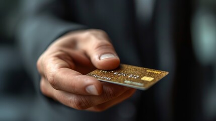 A person is shown holding a credit card in their hand. Close-up of a Male's hands, Male businessman