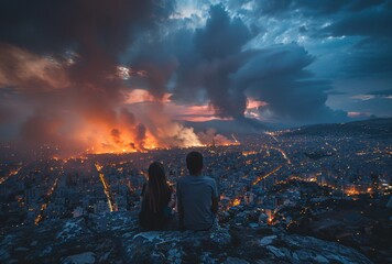 two people sitting on a hill looking at a city and fire