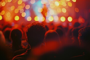 A dynamic crowd immersed in the ambience of a live concert, with shimmering lights creating an...