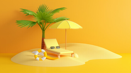 Obraz premium 3d sandy island with a palm tree, lounge chair, sunglasses and Lifebuoy on yellow backdrop. Summer, beach, sea vacation. 