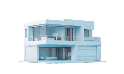 A simple white model of a two-story house with a garage, on a white background