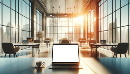 A modern, airy office scene showing health insurance options on an open laptop with a sunny city backdrop.