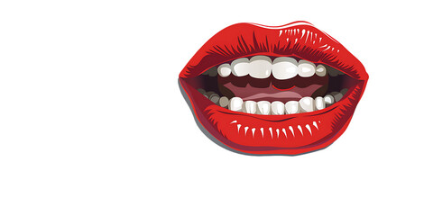 Red lips with white teeth laughing out loud on pure White Background