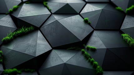 Background with black and green polygon shapes, free space for design. Modern technology innovation concept background. - obrazy, fototapety, plakaty
