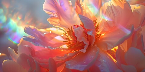 a peony flower with rainbow refracting petals