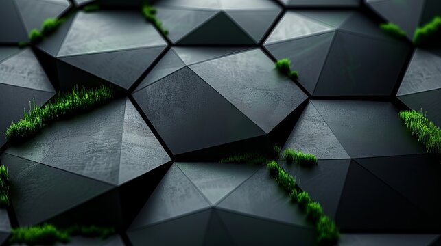 Background with black and green polygon shapes, free space for design. Modern technology innovation concept background.