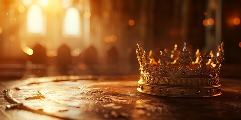 gold crown standing on table, - obrazy, fototapety, plakaty
