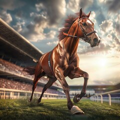 A magnificent racehorse named Forever Young gallops powerfully across the track, its coat shimmering under the bright sun 
