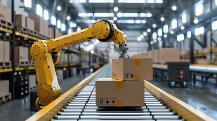 A robotic arm picking items from a conveyor belt and placing them in a shipping container. The arm is moving quickly and accurately, and the items are being placed perfectly.