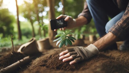Photo of planting a tree in reforestation with emotion, space for environmental messages.