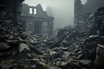 Ominous Ruined buildings fog. City disaster. Generate Ai - obrazy, fototapety, plakaty