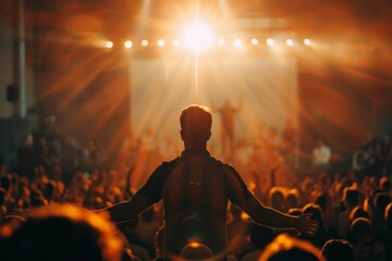 Backlit silhouette of a crowd at a music concert with focus on a central figure, expressing joy and entertainment. - obrazy, fototapety, plakaty