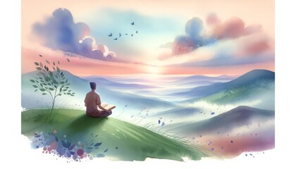 Watercolor of a person meditating at dawn, surrounded by nature.