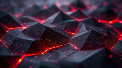Overlaid black and red polygons on dark steel mesh background with free space for design. Modern technology innovation concept background. - obrazy, fototapety, plakaty