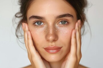 Close-up of a woman's face with freckles and cleansing foam