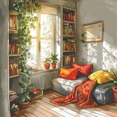 Cozy Bedroom Reading Nook with Shelved Books and Lush Foliage by Sunlit Window
