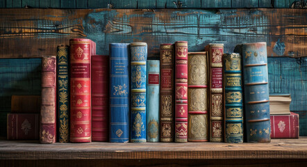 Vintage library books collection on wooden shelf against rustic wall background in retro style setting