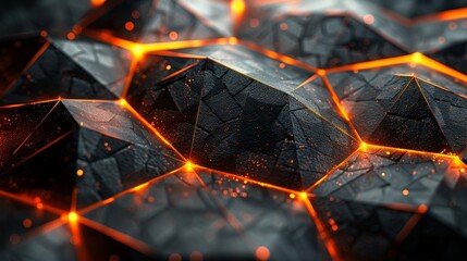The background is dark steel mesh with free space for design overlaid with abstract black and orange polygons with golden glow lines. - obrazy, fototapety, plakaty