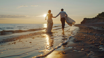 Young couple running down a beach on their wedding day with a beautiful sunset in the background.