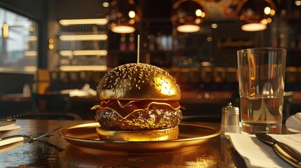 A hamburger covered in edible gold and a bar in the background