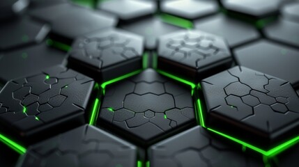 An abstract black and green polygon with green glow lines on a dark steel mesh background with free design space. The background shows an innovative concept involving modern technology.