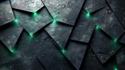With modern technology innovation concept background, black and green polygons with green glow lines are arranged on a dark steel mesh background with free design space. - obrazy, fototapety, plakaty