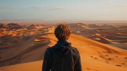 A person looks towards the horizon in the middle of the desert