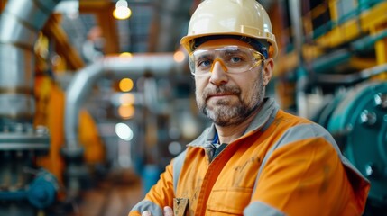 A man in hard hat and safety glasses standing next to pipes, AI