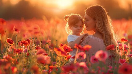 a woman playing with a little girl in spring in a field full of red flowers - obrazy, fototapety, plakaty
