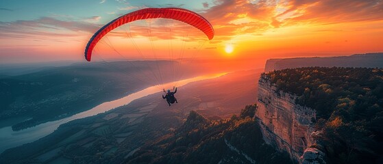 A paraglider against the backdrop of a vivid sunset the textures of the landscape highlighted from above - obrazy, fototapety, plakaty