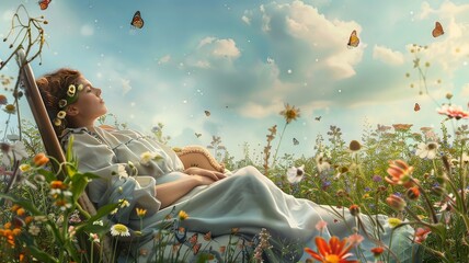 a woman lying and sleeping peacefully in a flowery field in spring - obrazy, fototapety, plakaty