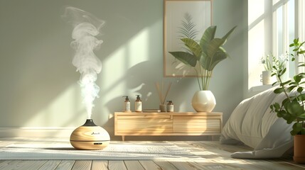 Elegant Diffuser Releasing Soothing Essential Oils in Serene Bedroom Atmosphere with Copy Space for Design or Text