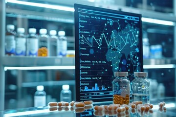 A digital screen displaying pharmaceutical data and analytics, illustrating the use of technology in drug development. - obrazy, fototapety, plakaty