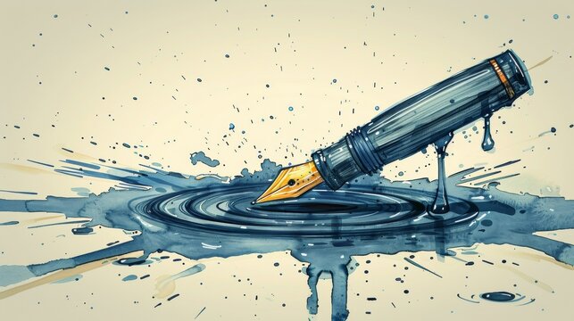 A fountain pen is being dipped into a blue ink pool, AI