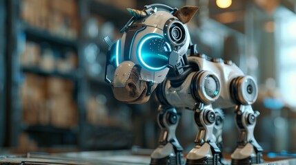 Fototapeta premium A robot horse with glowing eyes on a table in front of books, AI